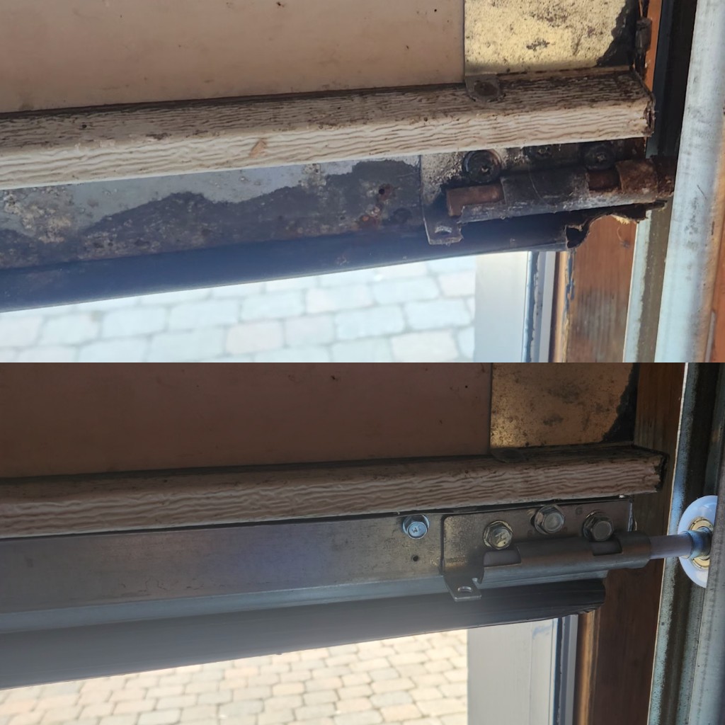 Before and after: rusted garage door bottom bracket and roller replaced with new galvanized hardware and nylon roller