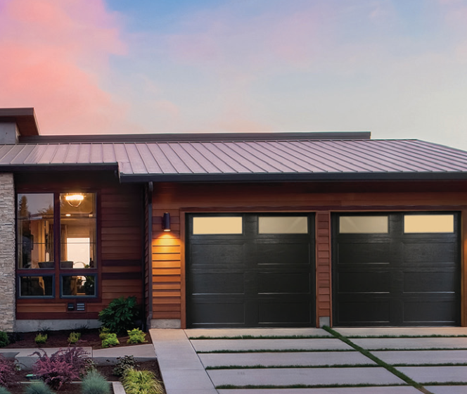 Northland (Richards-Wilcox) modern black garage doors with top windows from the Northland catalog