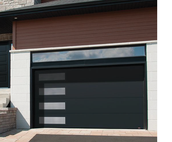 TOHO modern black garage door with sidelight windows on a contemporary home